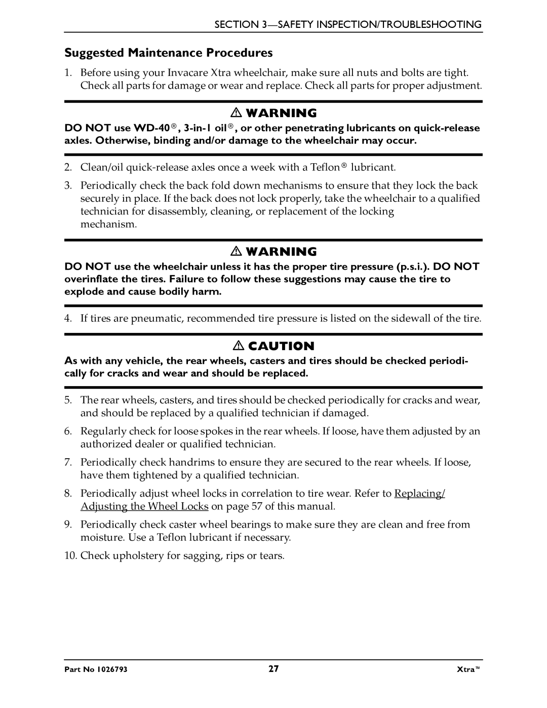 Invacare 1026793 manual Suggested Maintenance Procedures 