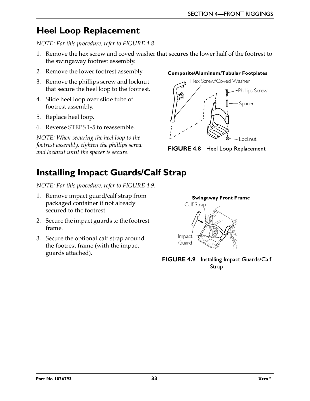 Invacare 1026793 manual Heel Loop Replacement, Installing Impact Guards/Calf Strap 