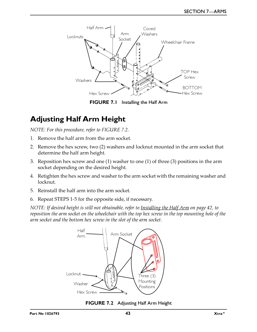 Invacare 1026793 manual Adjusting Half Arm Height, Installing the Half Arm 