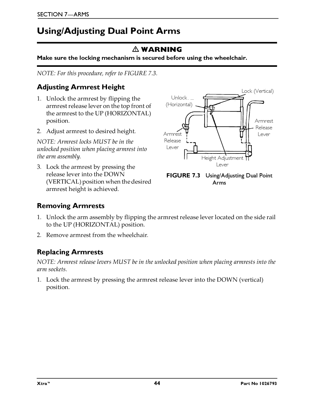 Invacare 1026793 manual Using/Adjusting Dual Point Arms, Adjusting Armrest Height, Removing Armrests, Replacing Armrests 