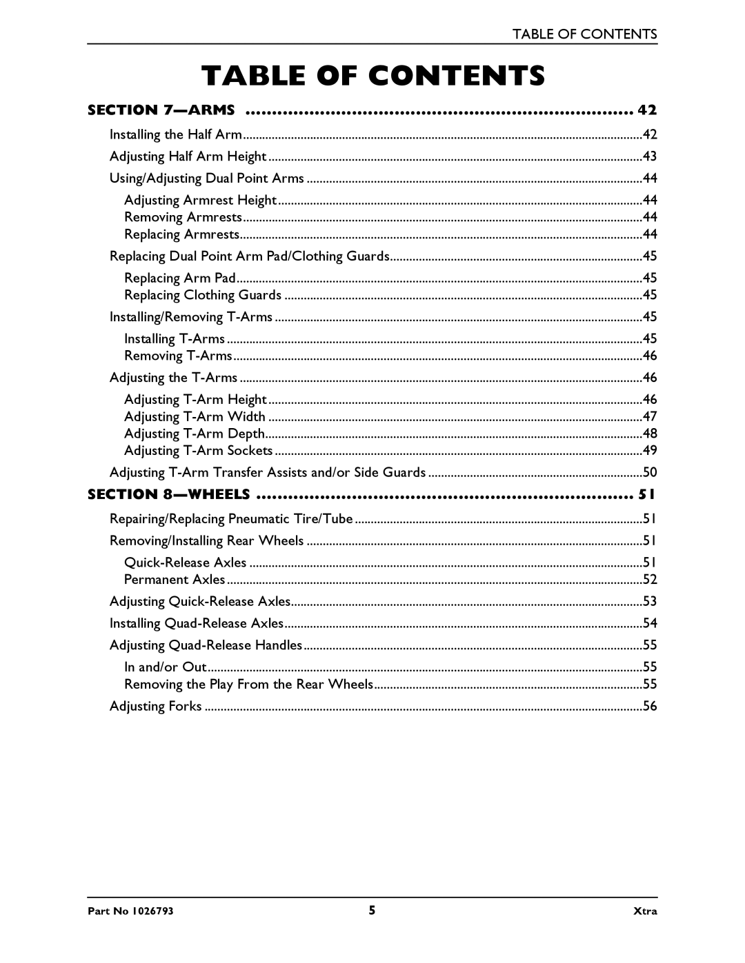 Invacare 1026793 manual Arms 