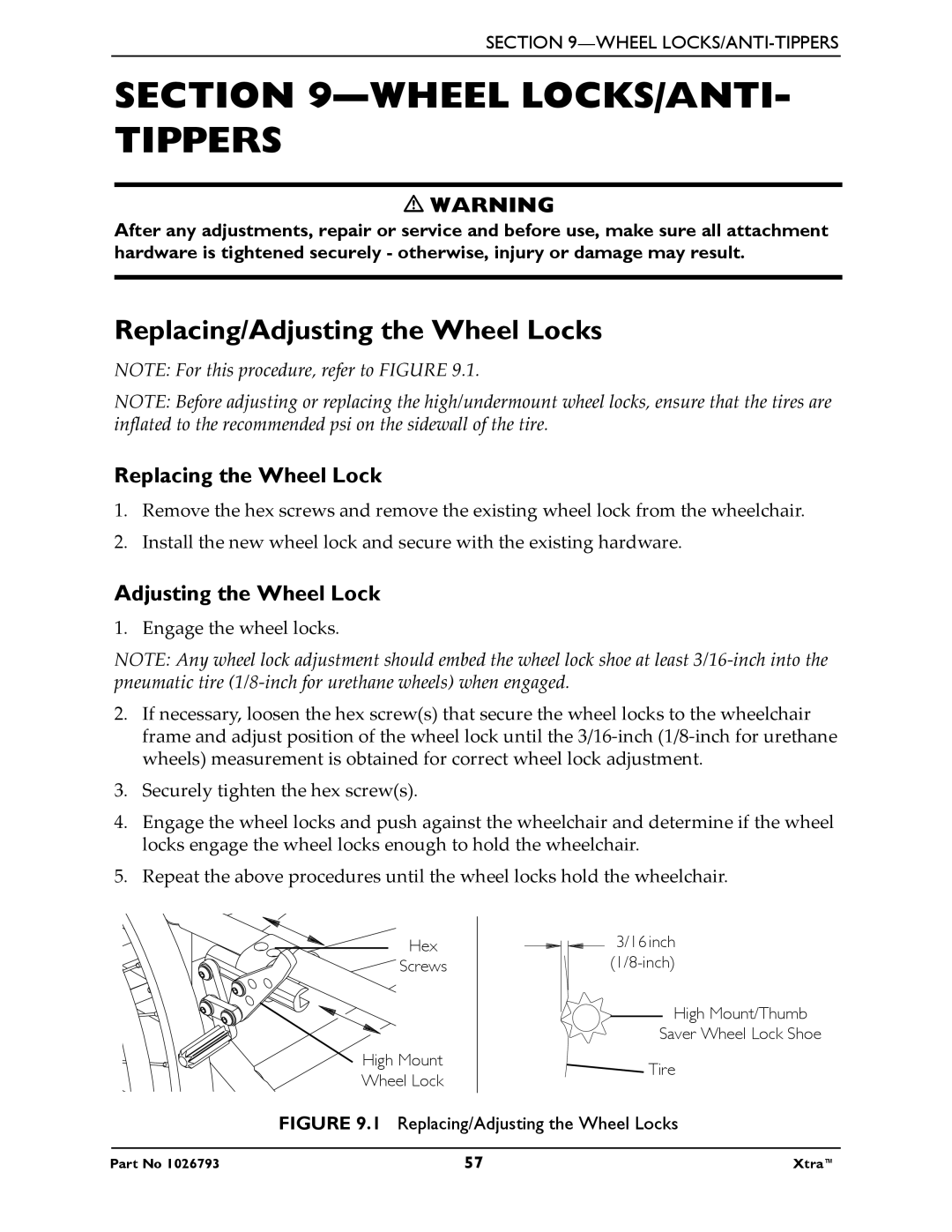 Invacare 1026793 manual Wheel LOCKS/ANTI- Tippers, Replacing/Adjusting the Wheel Locks, Replacing the Wheel Lock 