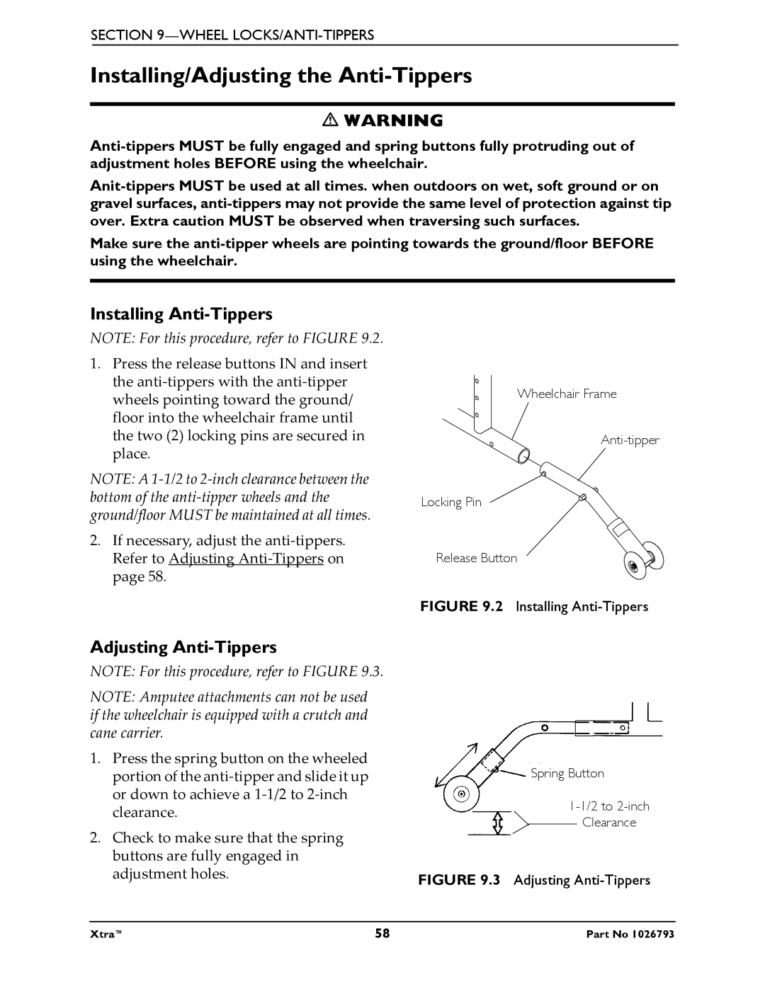 Invacare 1026793 manual Installing/Adjusting the Anti-Tippers, Installing Anti-Tippers, Adjusting Anti-Tippers 