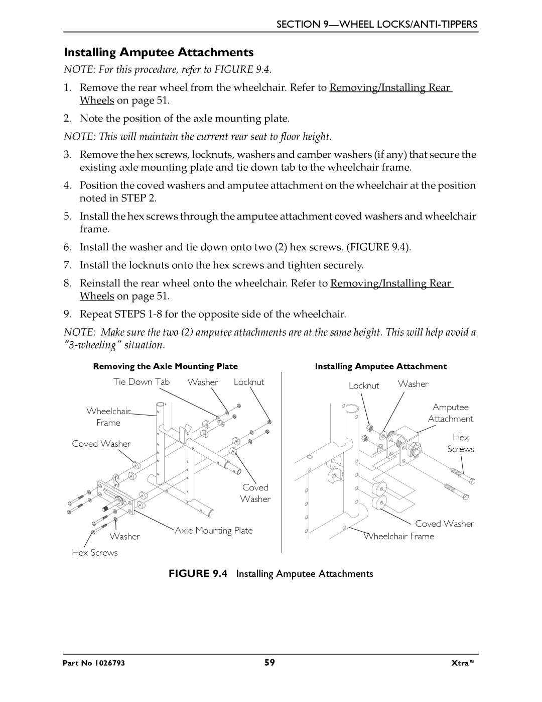 Invacare 1026793 manual Installing Amputee Attachments 