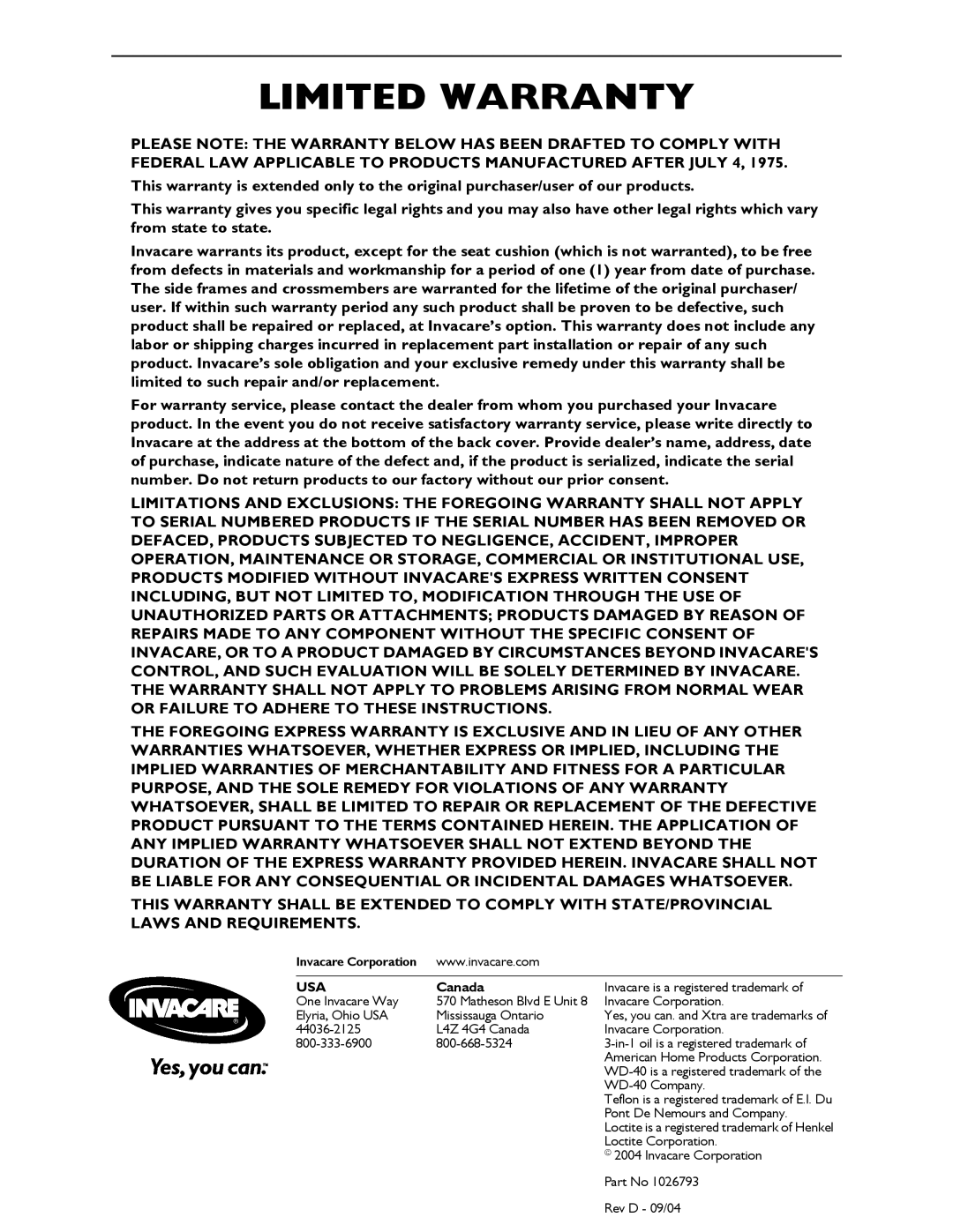 Invacare 1026793 manual Limited Warranty, Usa 