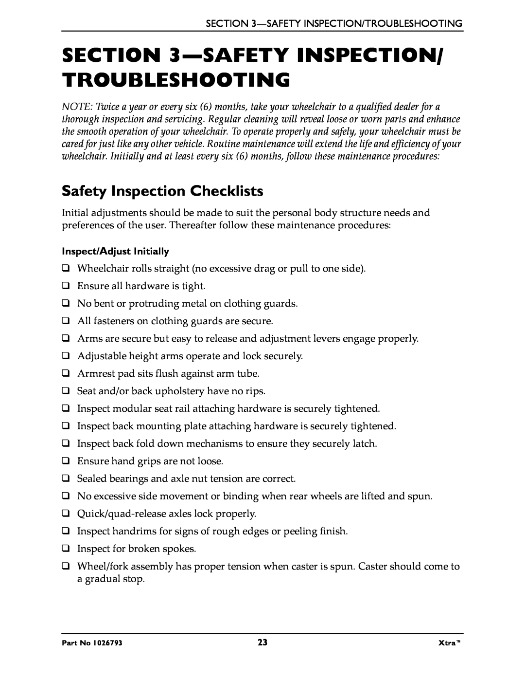 Invacare 1026793 manual Safety Inspection/ Troubleshooting, Safety Inspection Checklists 