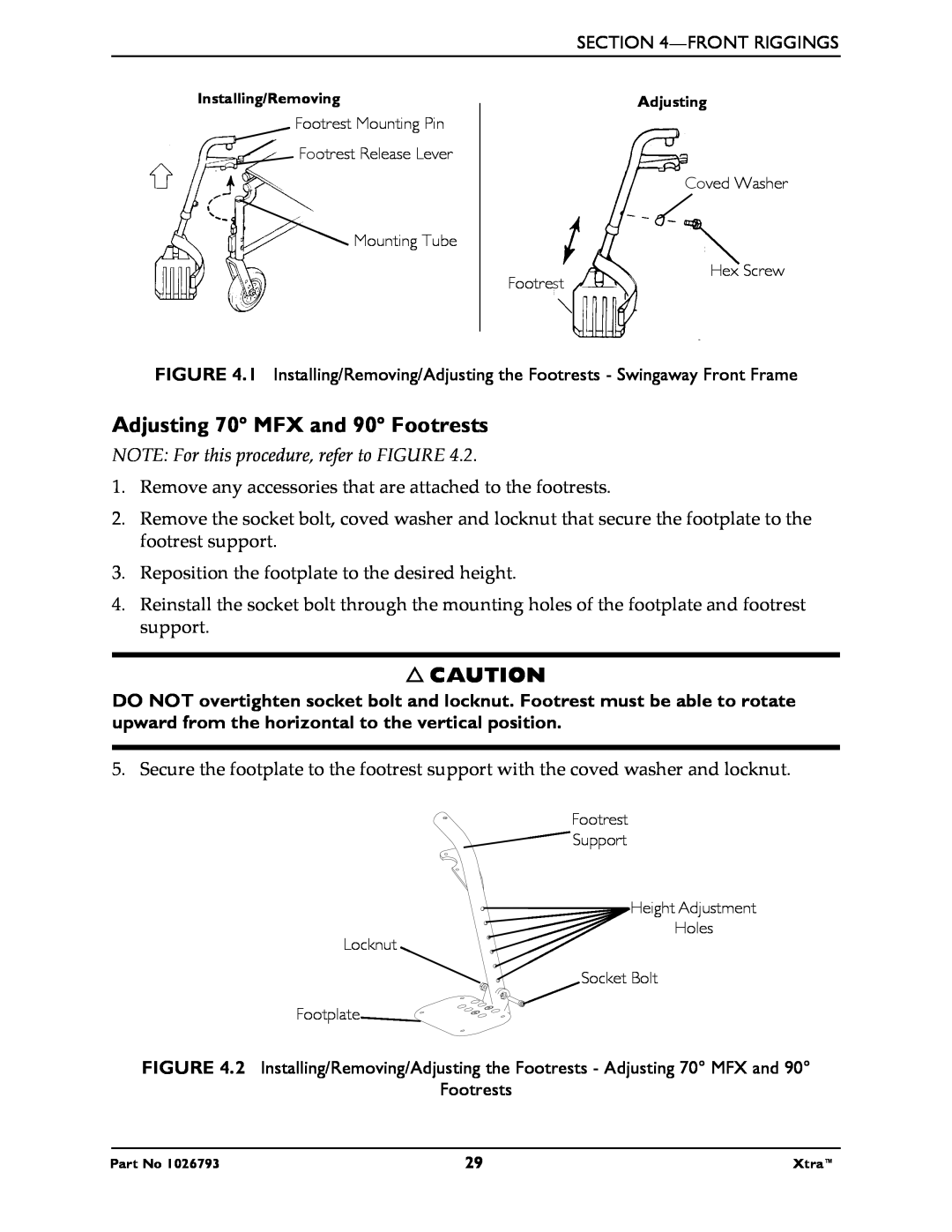 Invacare 1026793 manual Adjusting 70 MFX and 90 Footrests, NOTE For this procedure, refer to FIGURE 