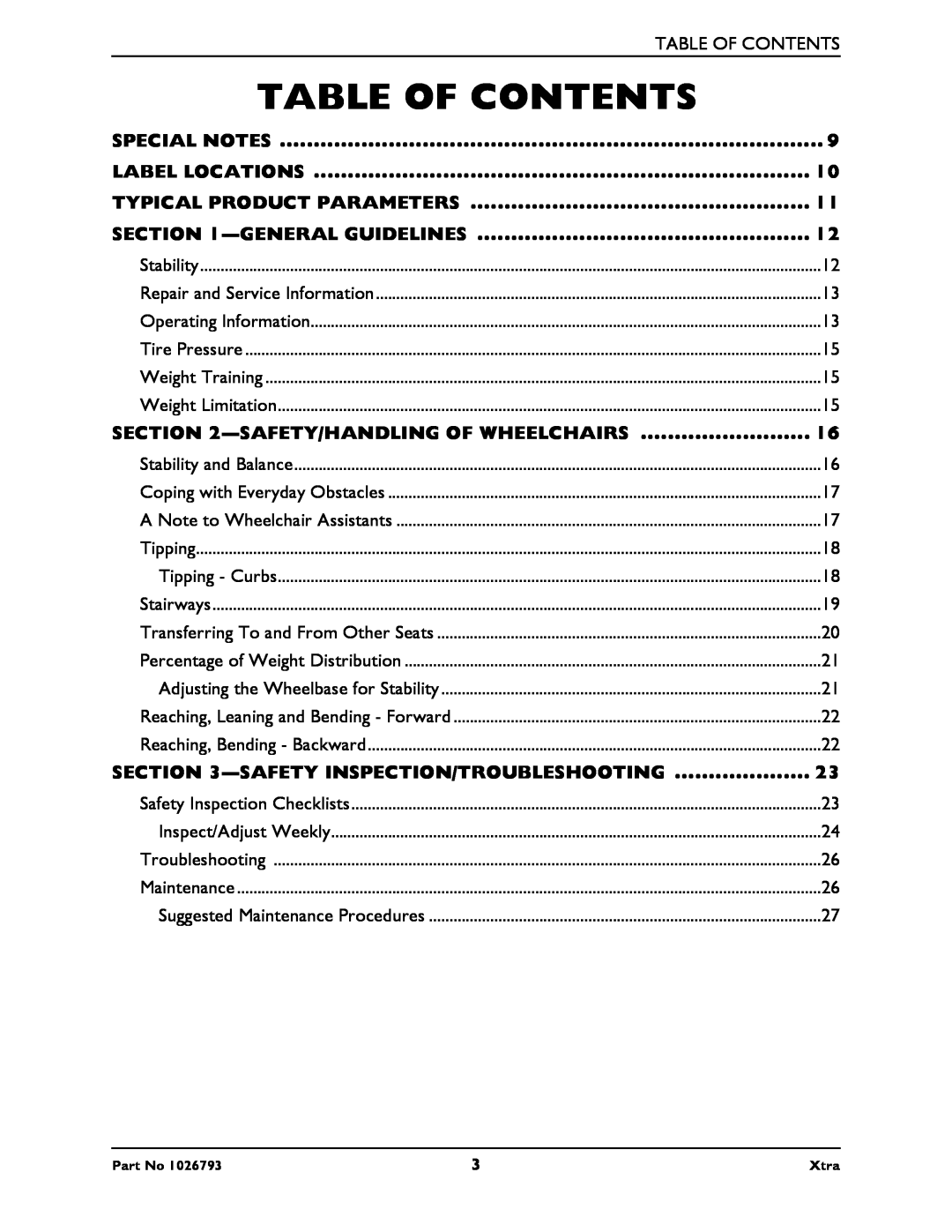 Invacare 1026793 Table Of Contents, Special Notes, Label Locations, Typical Product Parameters, General Guidelines, Xtra 