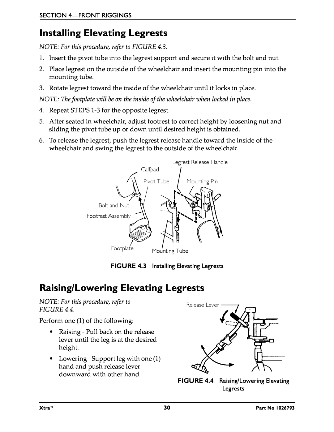 Invacare 1026793 manual Installing Elevating Legrests, Raising/Lowering Elevating Legrests 