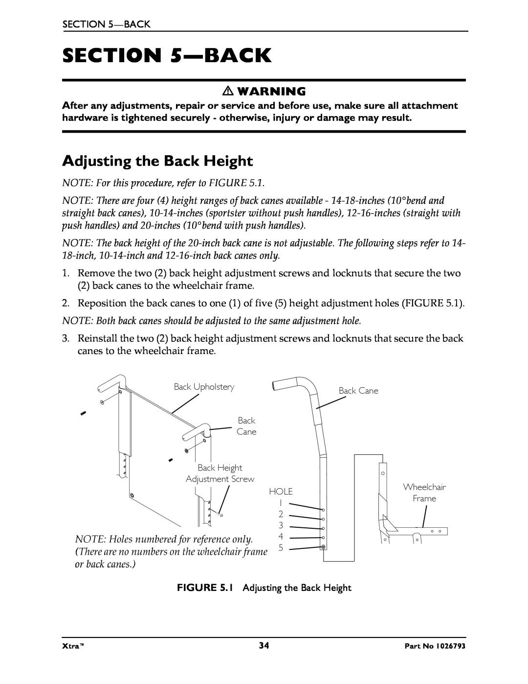 Invacare 1026793 manual Adjusting the Back Height, NOTE For this procedure, refer to FIGURE, or back canes 