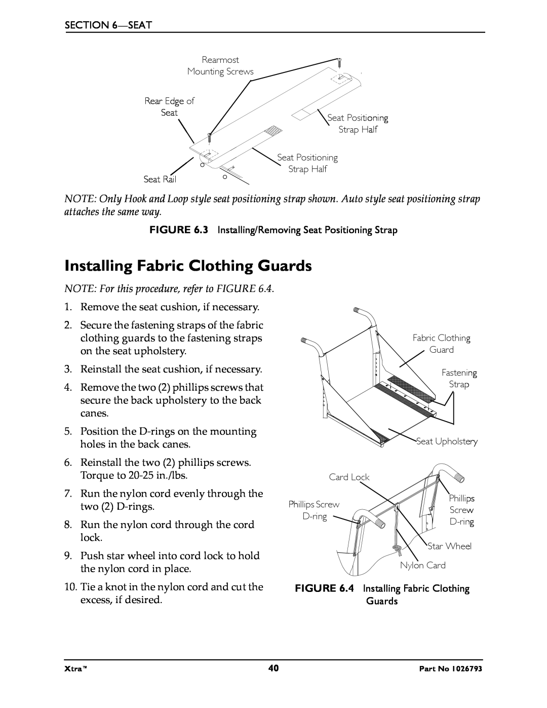 Invacare 1026793 manual Installing Fabric Clothing Guards, NOTE For this procedure, refer to FIGURE 