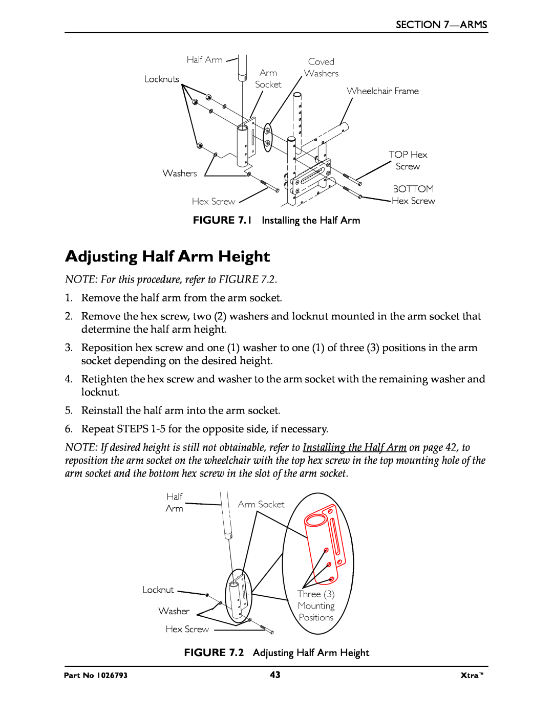 Invacare 1026793 manual Adjusting Half Arm Height, NOTE For this procedure, refer to FIGURE 