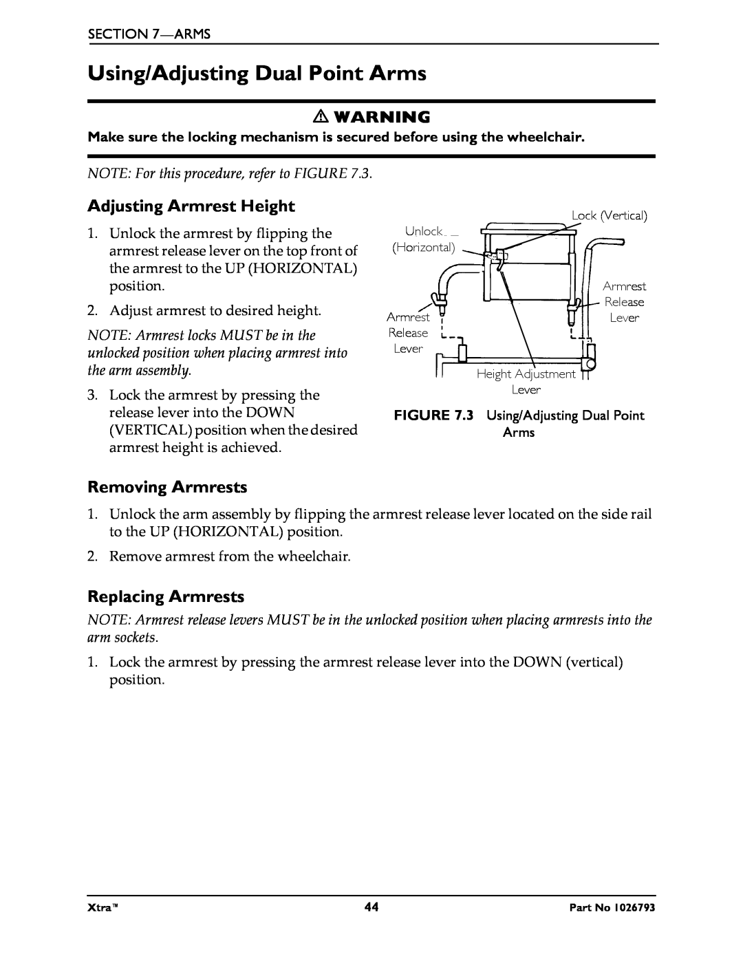 Invacare 1026793 manual Using/Adjusting Dual Point Arms, Adjusting Armrest Height, Removing Armrests, Replacing Armrests 