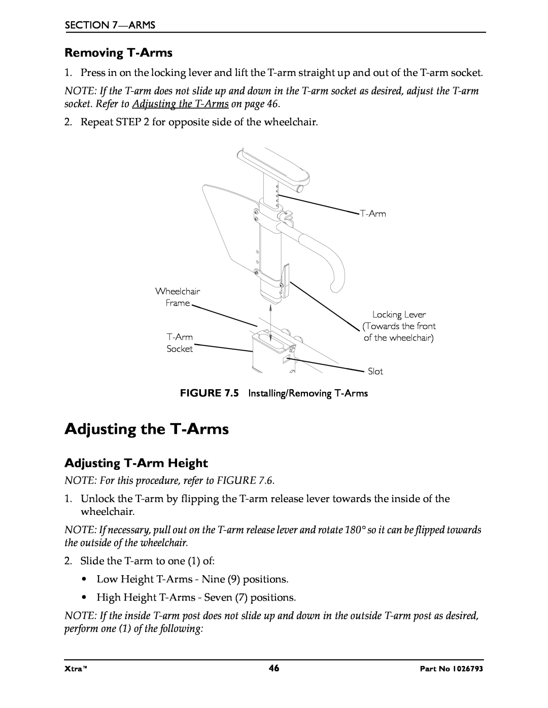 Invacare 1026793 Adjusting the T-Arms, Removing T-Arms, Adjusting T-Arm Height, NOTE For this procedure, refer to FIGURE 