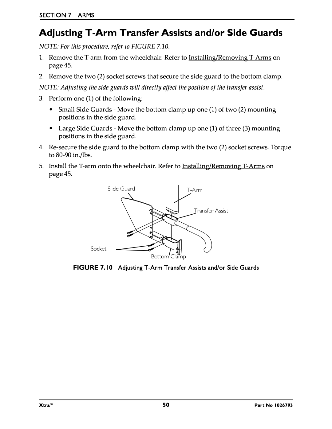 Invacare 1026793 manual Adjusting T-Arm Transfer Assists and/or Side Guards, NOTE For this procedure, refer to FIGURE 