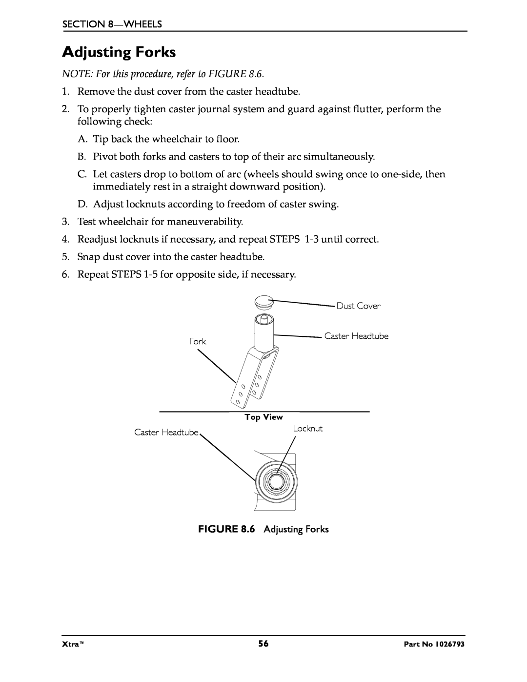 Invacare 1026793 manual Adjusting Forks, NOTE For this procedure, refer to FIGURE 
