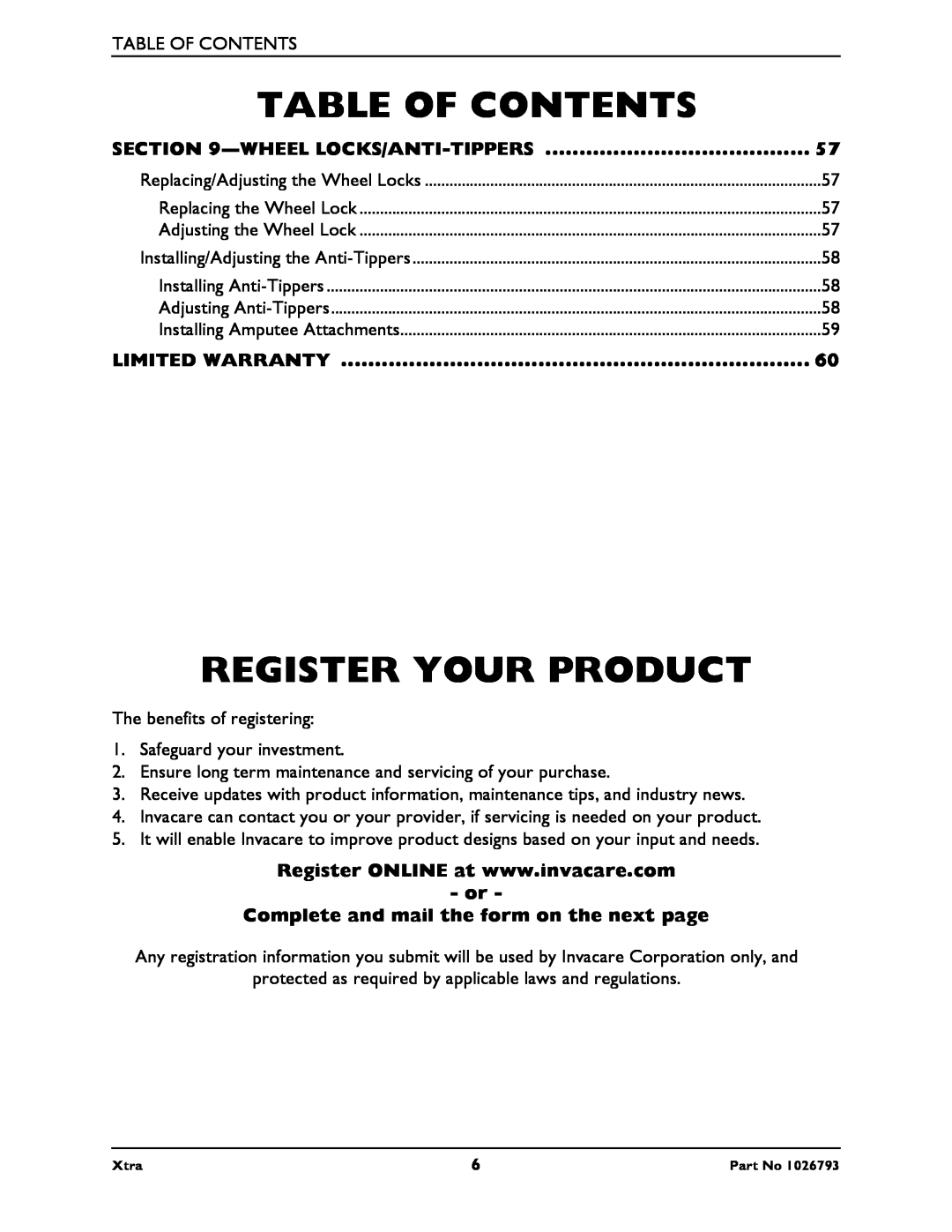 Invacare 1026793 manual Register Your Product, Table Of Contents, Wheel Locks/Anti-Tippers, Limited Warranty 
