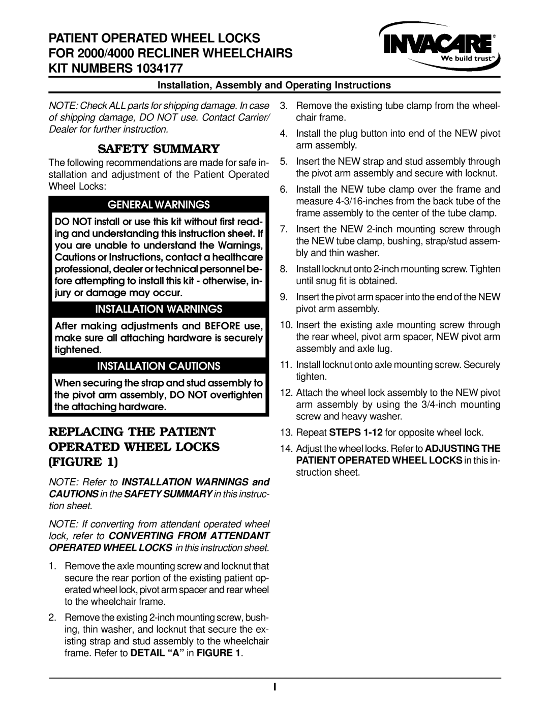 Invacare 1034177 operating instructions Safety Summary, Replacing the Patient Operated Wheel Locks Figure 