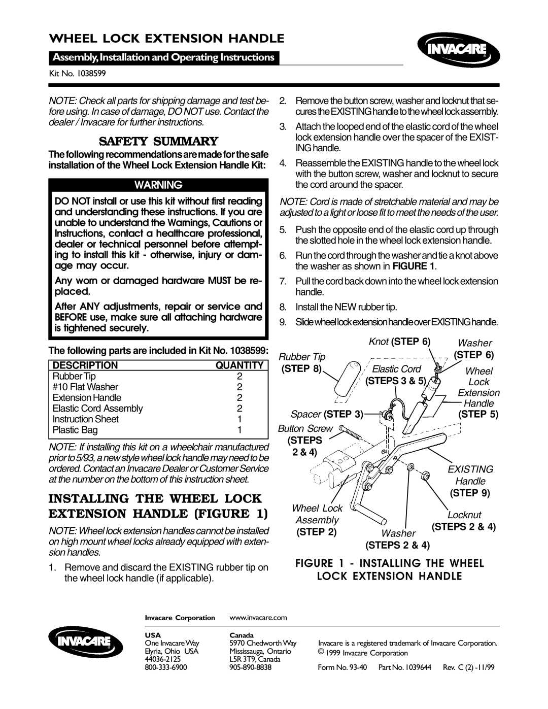 Invacare 1038599 operating instructions Safety Summary, Installing the Wheel Lock Extension Handle Figure, Steps 3 