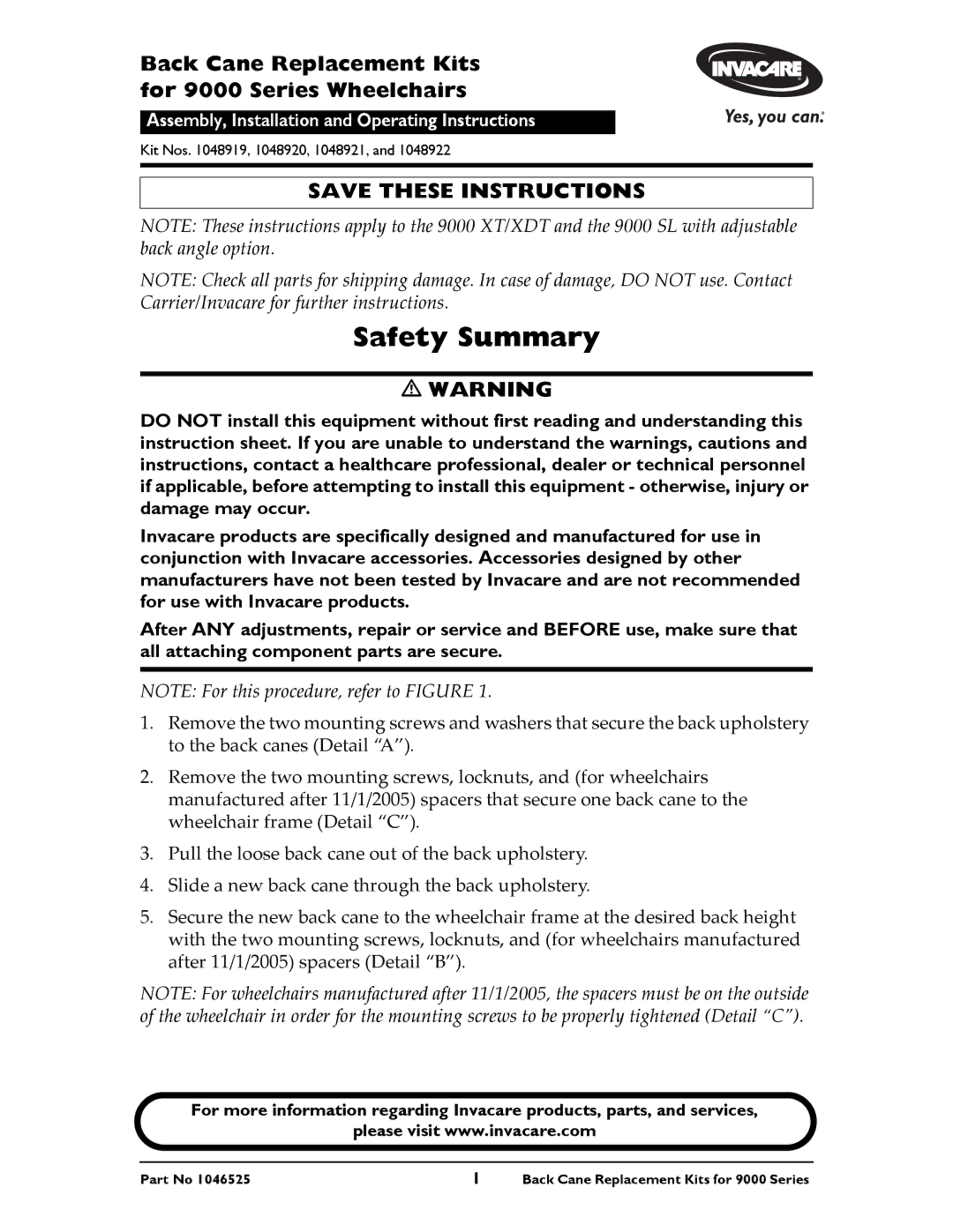 Invacare 1048921, 1048919, 1048920, 1048922 instruction sheet Safety Summary 