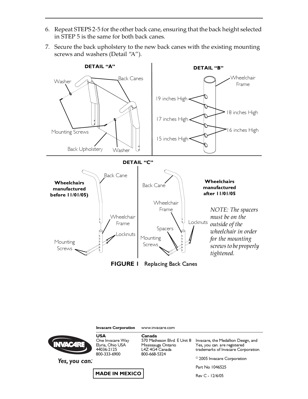 Invacare 1048920, 1048919, 1048921, 1048922 instruction sheet Replacing Back Canes, Usa, Canada 