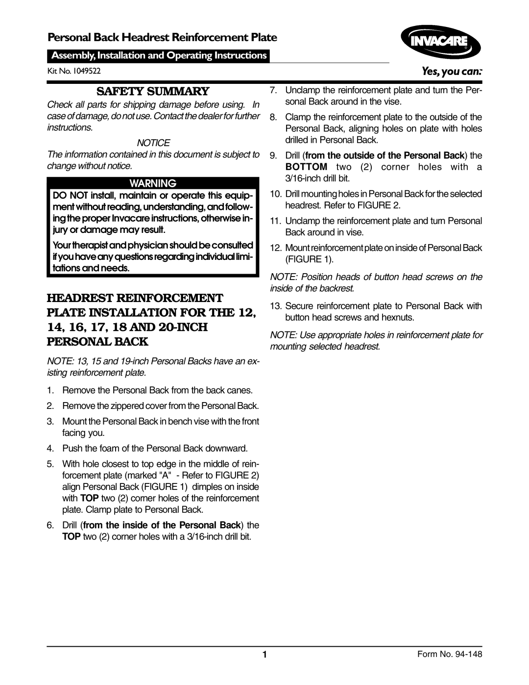 Invacare 1049522 operating instructions Safety Summary 