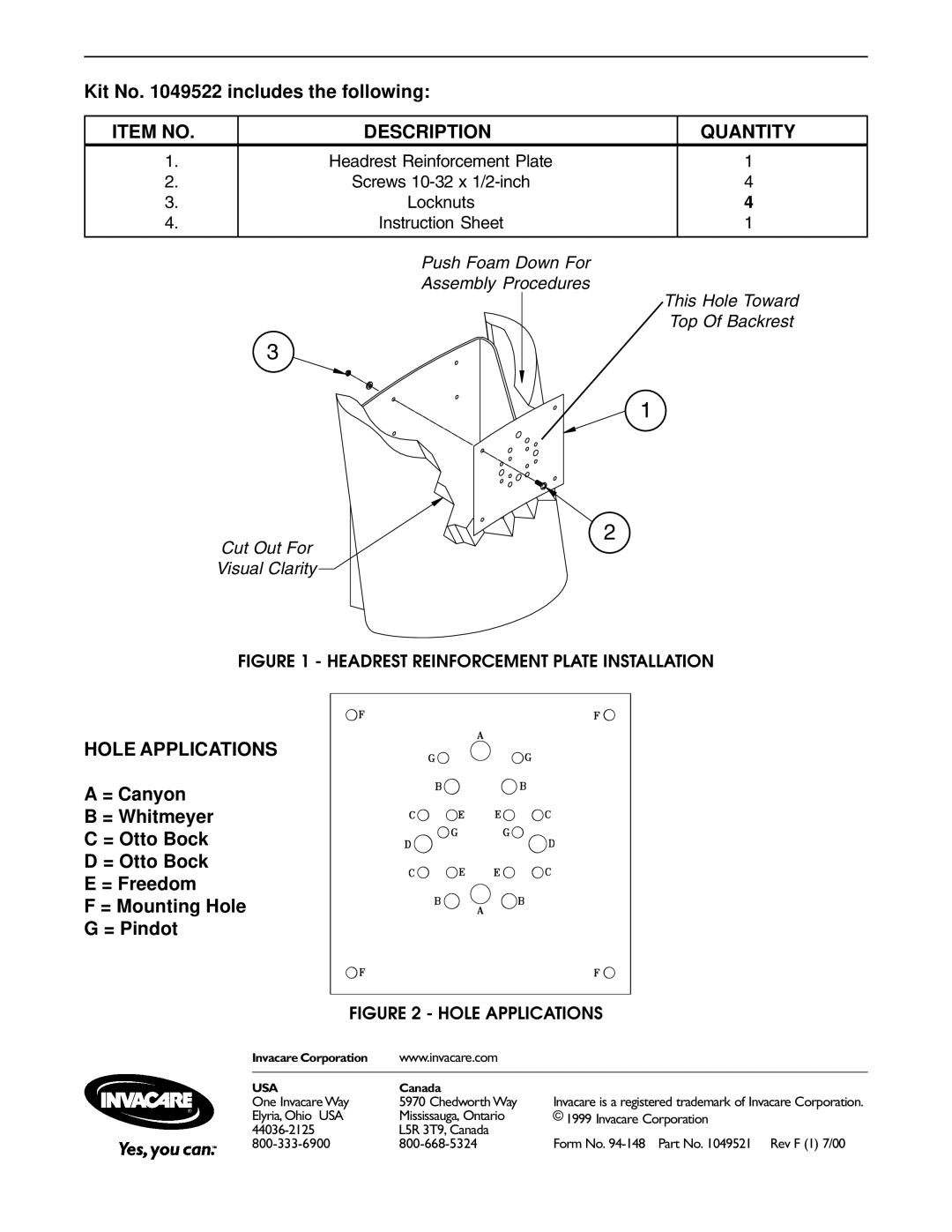 Invacare 1049522 operating instructions Item no Description Quantity, Hole Applications 