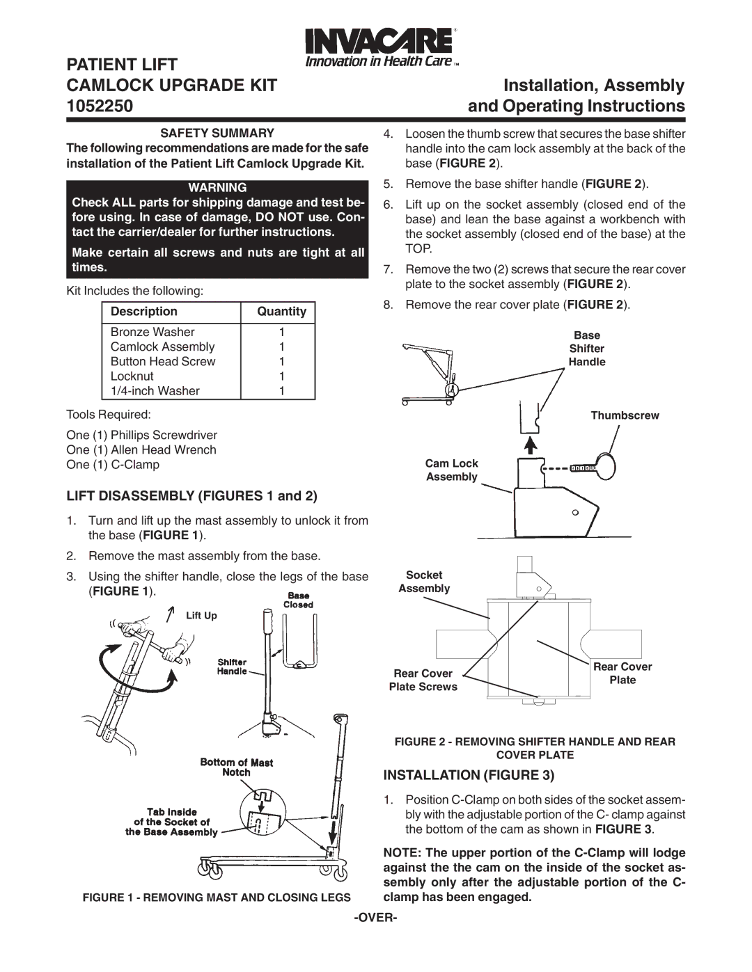 Invacare 1052250 operating instructions Lift Disassembly Figures 1, Safety Summary, Over 