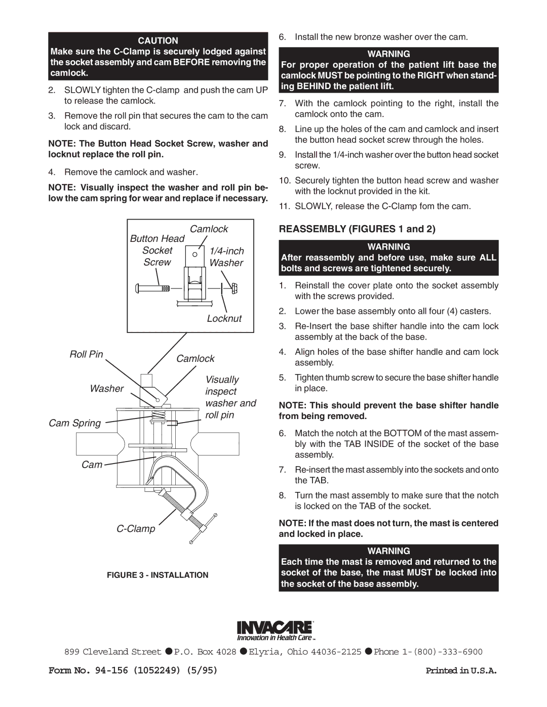 Invacare 1052250 operating instructions Reassembly Figures 1, Installation 