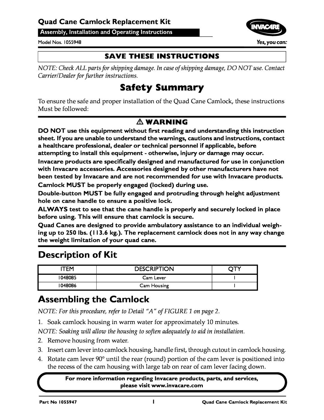 Invacare 1055947 instruction sheet Safety Summary, Description of Kit, Assembling the Camlock, Save These Instructions 