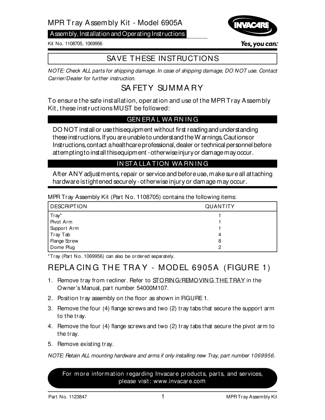 Invacare 1108705, 1069956 operating instructions Safety Summary, Replacing the Tray Model 6905A Figure, General Warning 