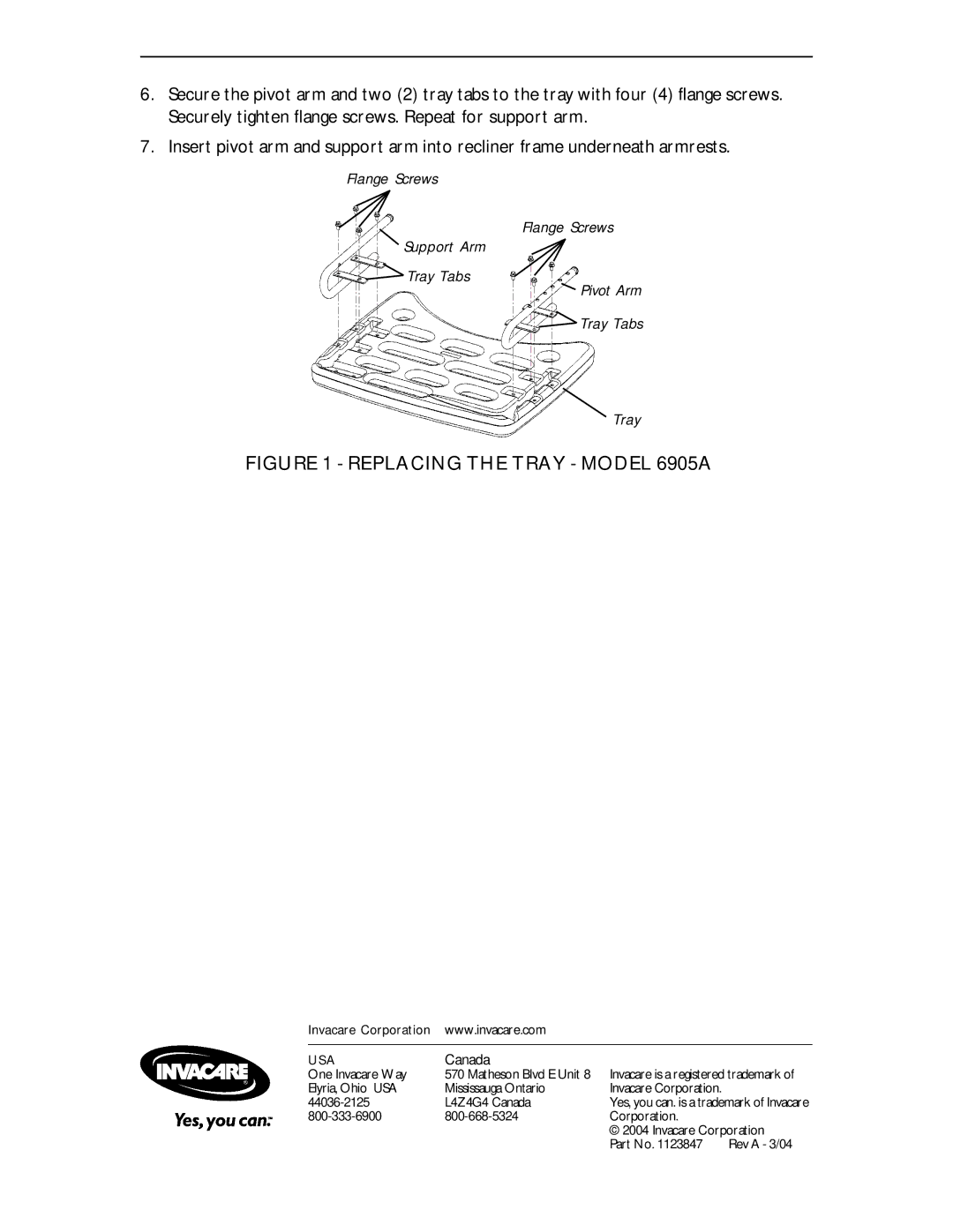 Invacare 1069956, 1108705 operating instructions Flange Screws Support Arm Tray Tabs Pivot Arm, Canada 