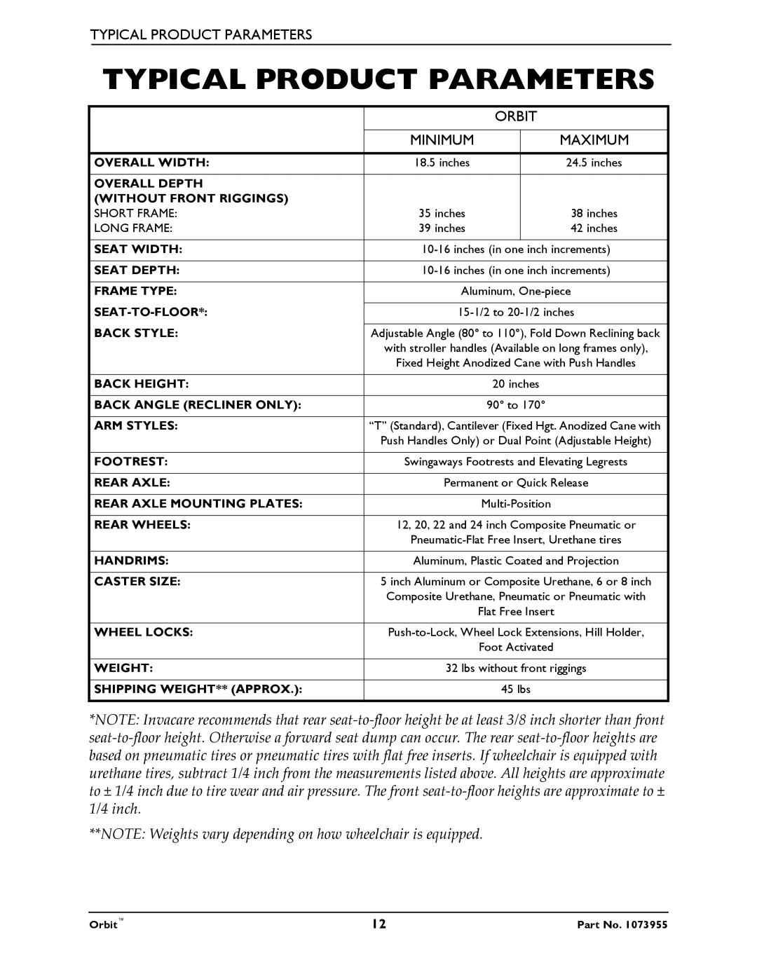 Invacare 1073955 manual Typical Product Parameters, Minimum Maximum 