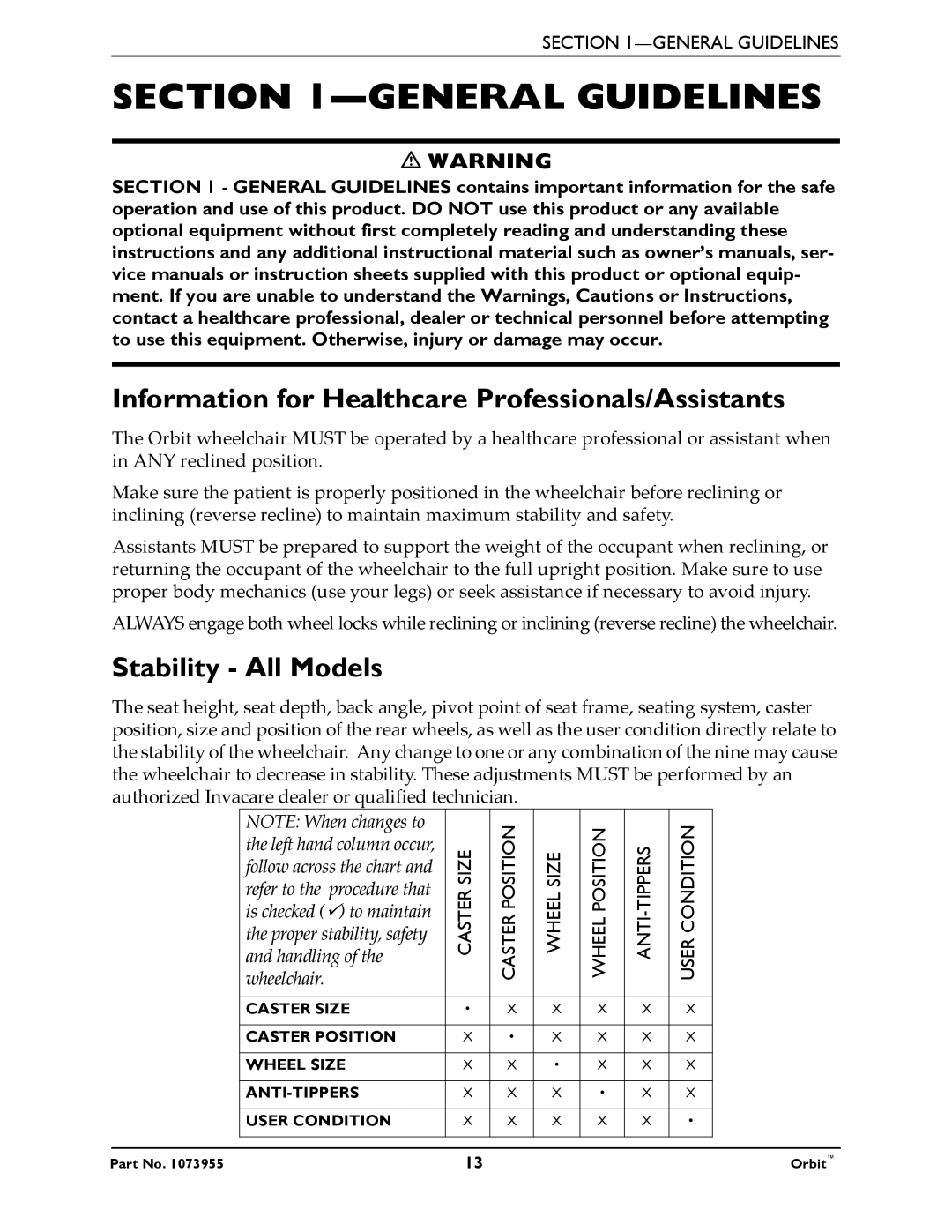 Invacare 1073955 manual General Guidelines, Information for Healthcare Professionals/Assistants, Stability All Models 