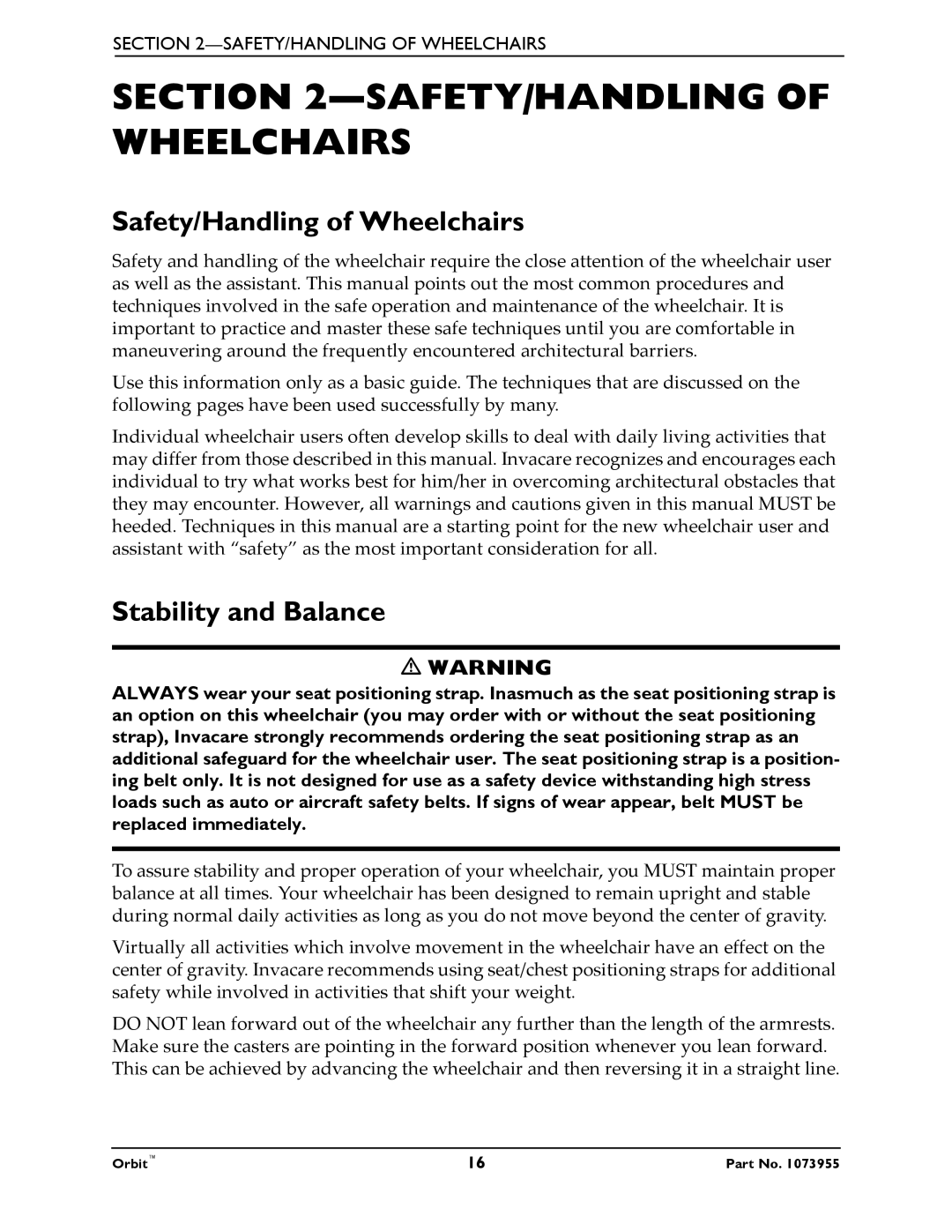 Invacare 1073955 manual SAFETY/HANDLING of Wheelchairs, Safety/Handling of Wheelchairs, Stability and Balance 