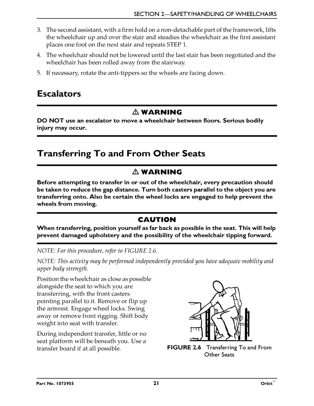 Invacare 1073955 manual Escalators, Transferring To and From Other Seats 