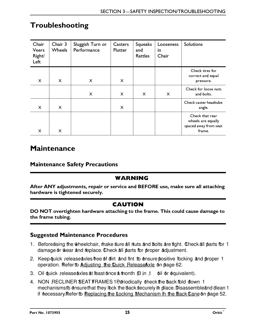 Invacare 1073955 manual Troubleshooting, Maintenance Safety Precautions, Suggested Maintenance Procedures 