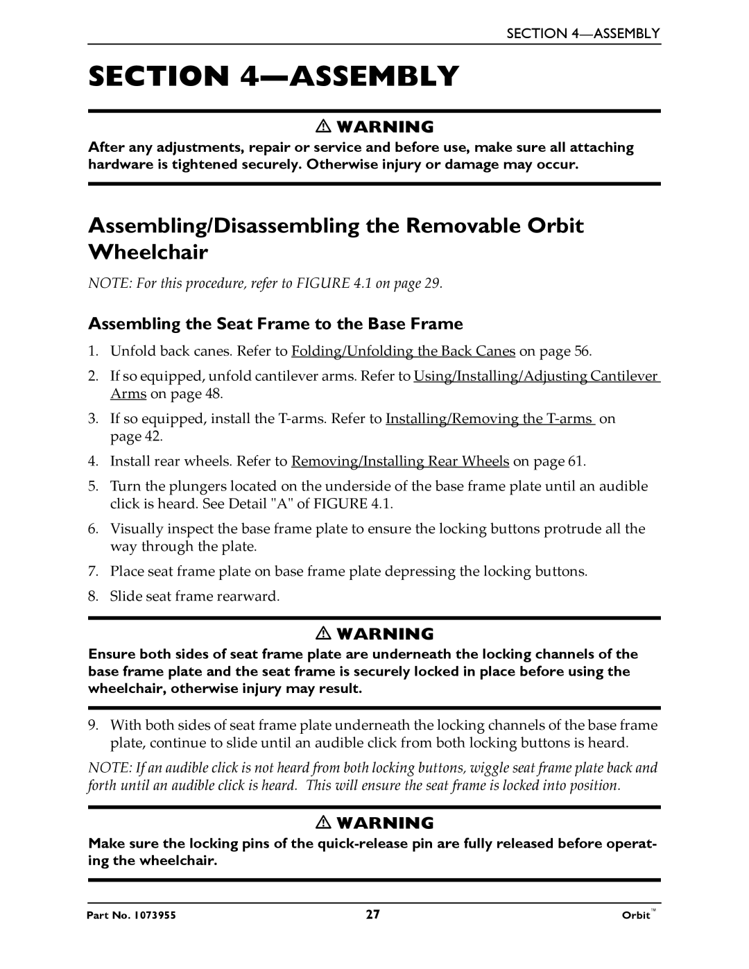 Invacare 1073955 manual Assembly, Assembling/Disassembling the Removable Orbit Wheelchair 