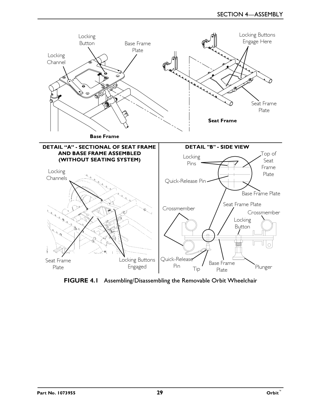 Invacare 1073955 manual Assembling/Disassembling the Removable Orbit Wheelchair 