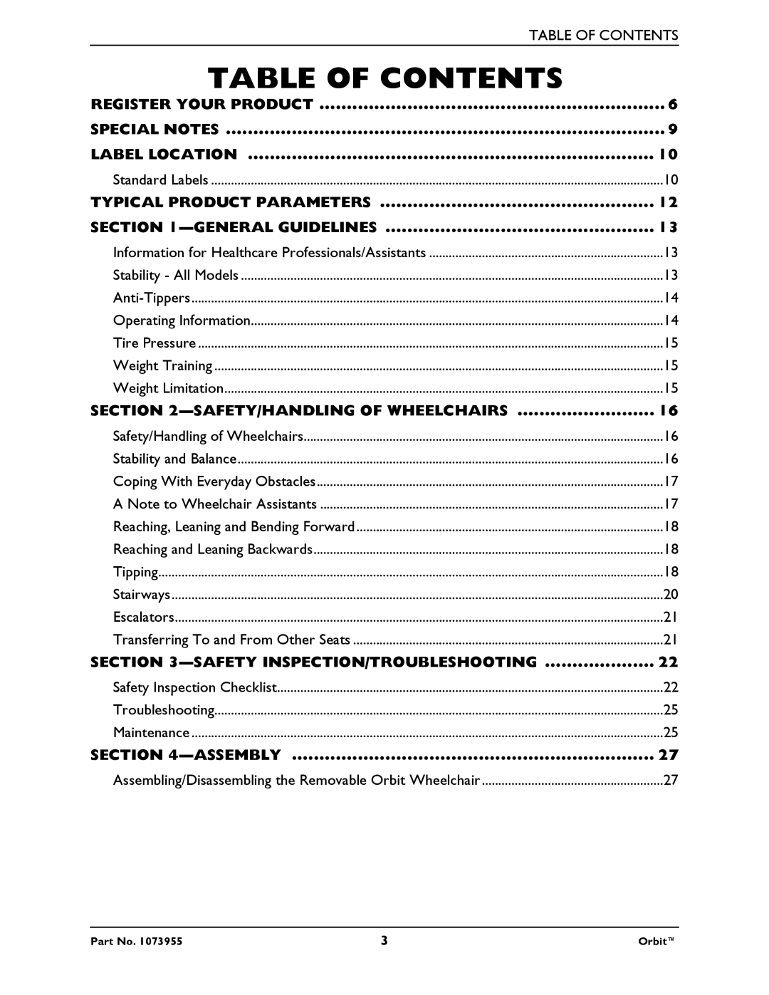 Invacare 1073955 manual Table of Contents 