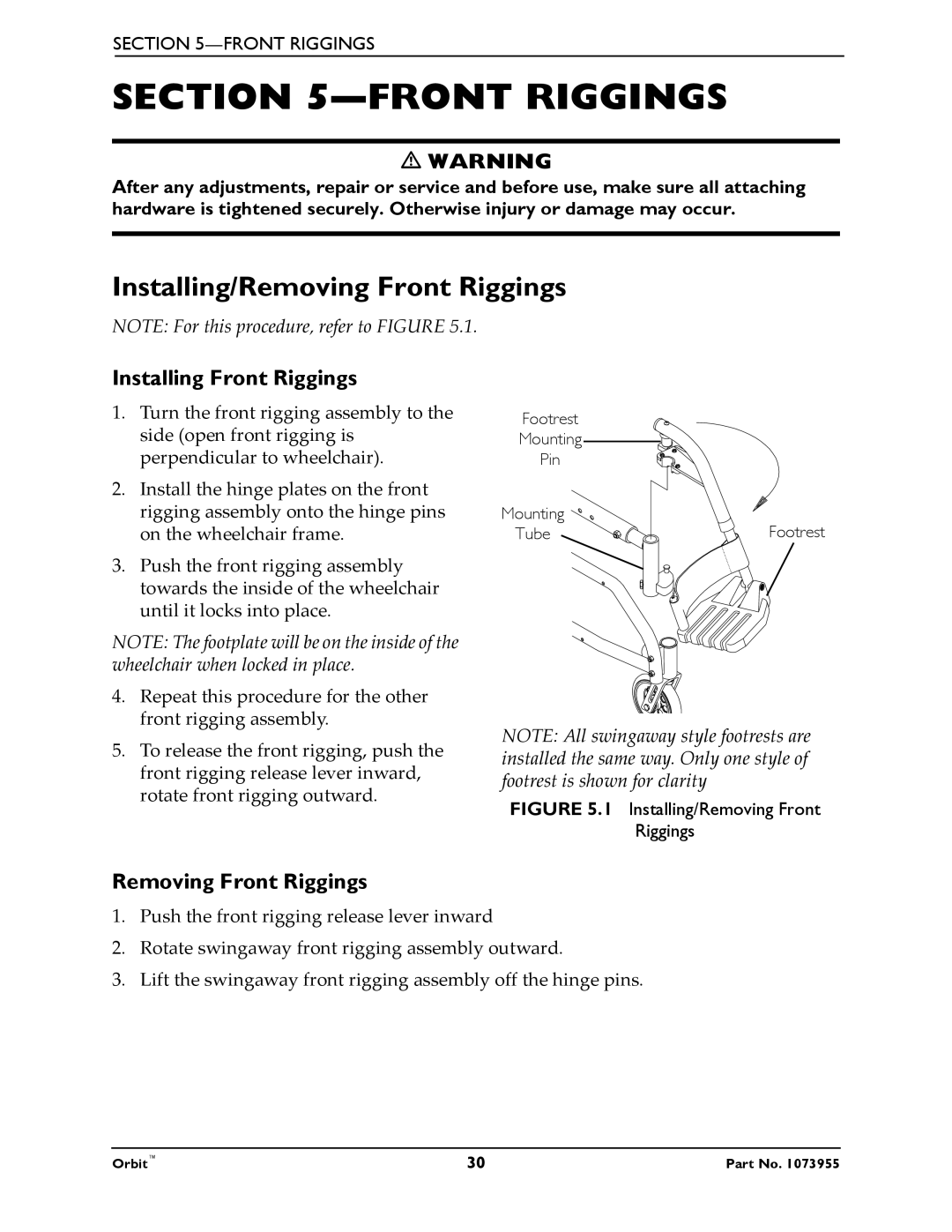 Invacare 1073955 manual Installing/Removing Front Riggings, Installing Front Riggings 