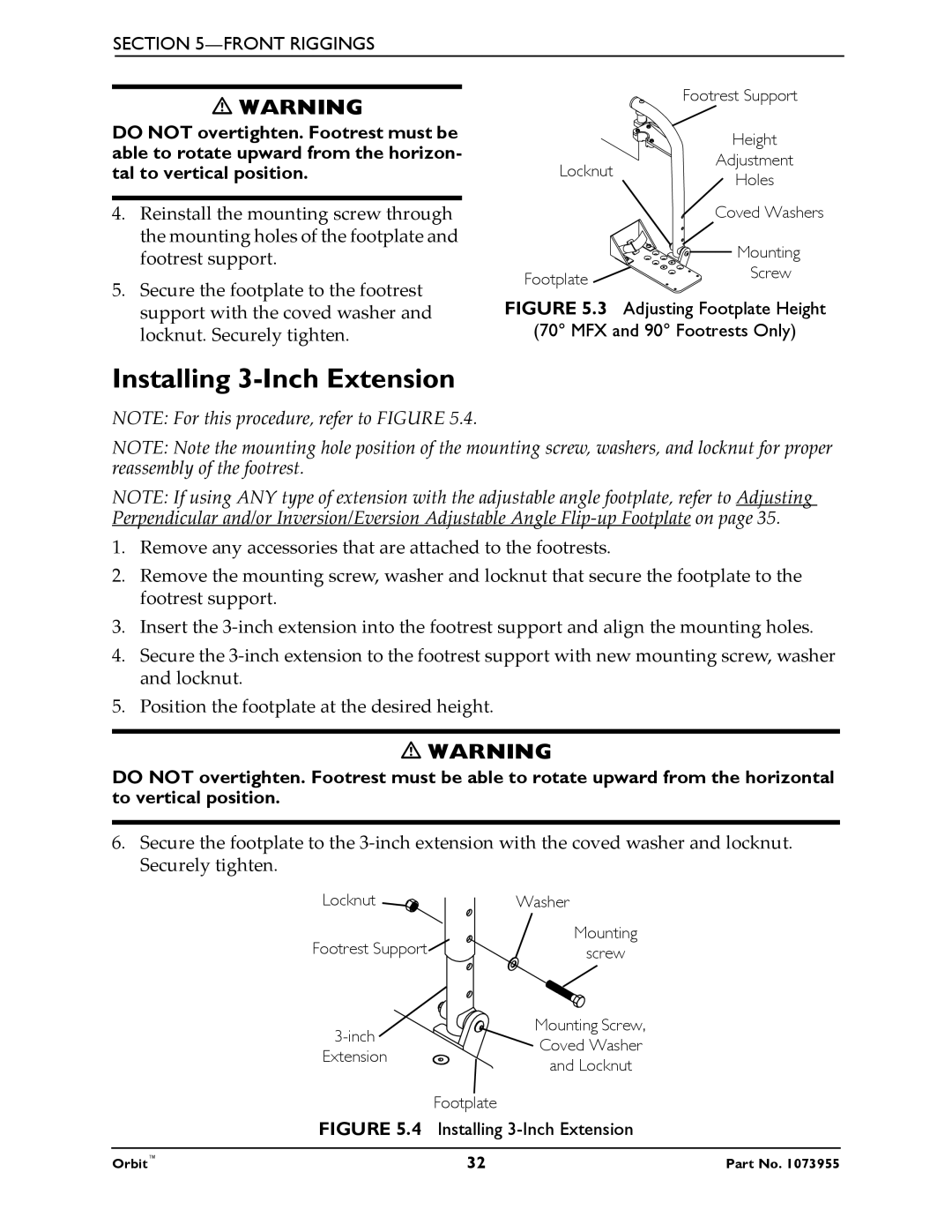 Invacare 1073955 manual Installing 3-Inch Extension, Adjusting Footplate Height MFX and 90 Footrests Only 