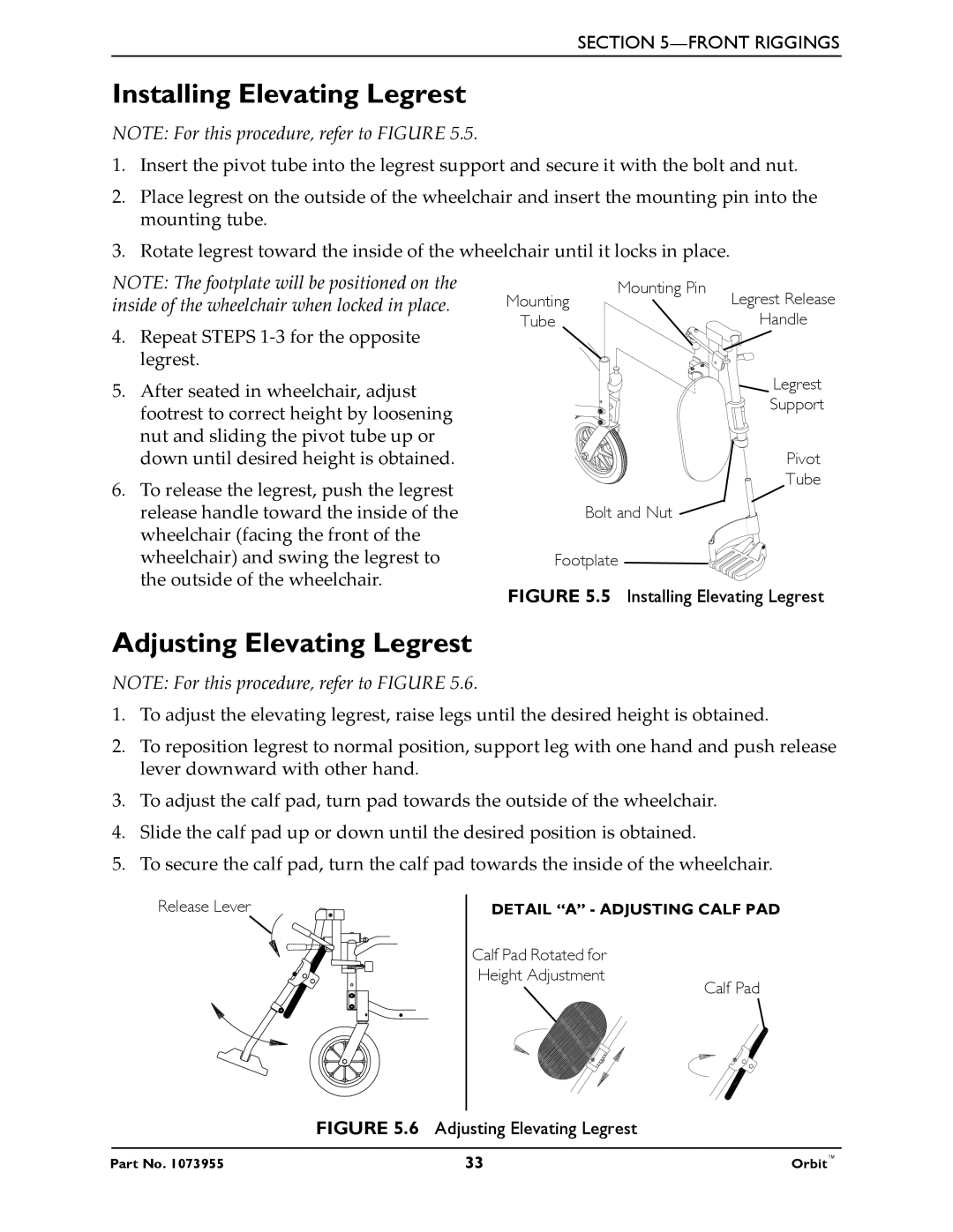 Invacare 1073955 manual Installing Elevating Legrest, Adjusting Elevating Legrest 