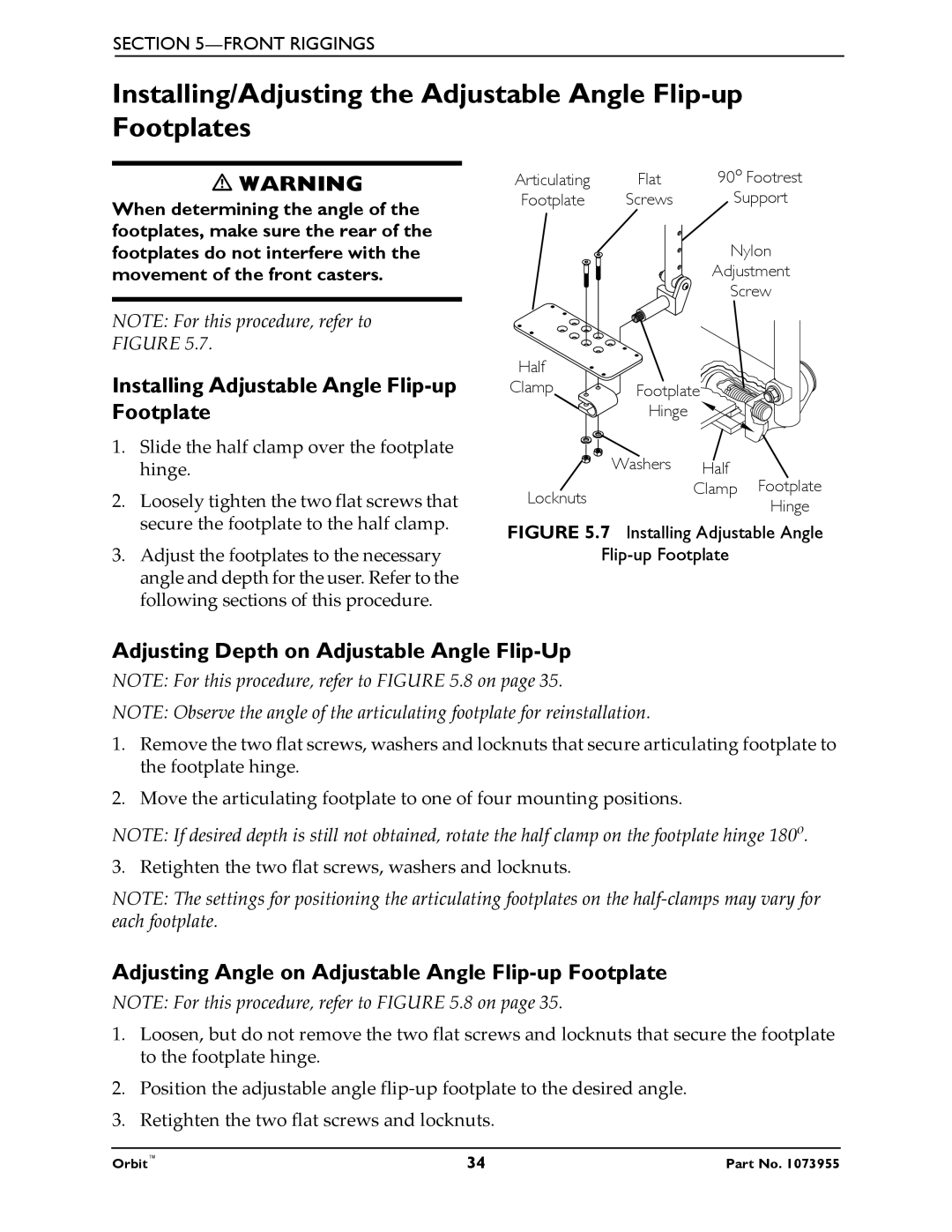 Invacare 1073955 manual Installing Adjustable Angle Flip-up Footplate, Adjusting Depth on Adjustable Angle Flip-Up 