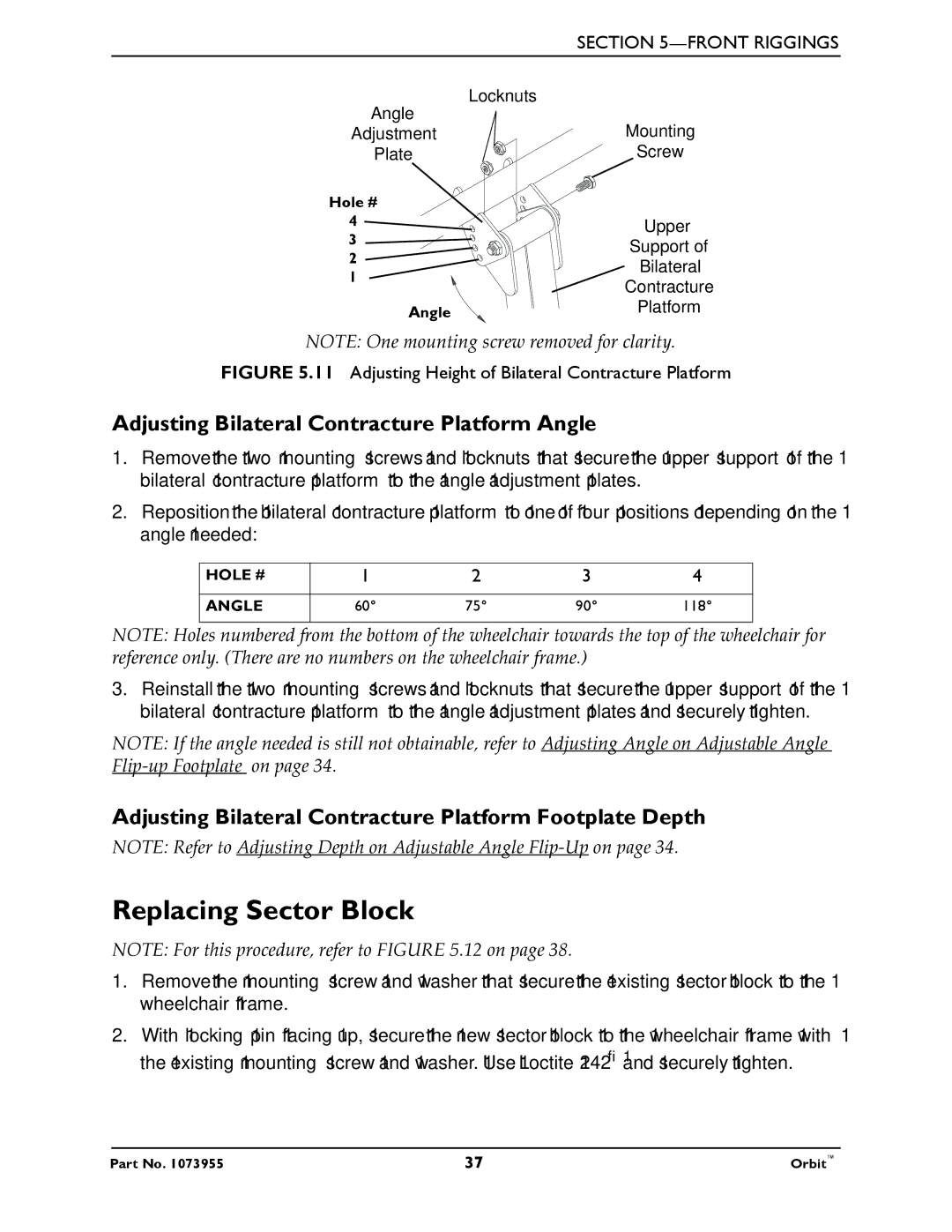 Invacare 1073955 manual Replacing Sector Block, Adjusting Bilateral Contracture Platform Angle 