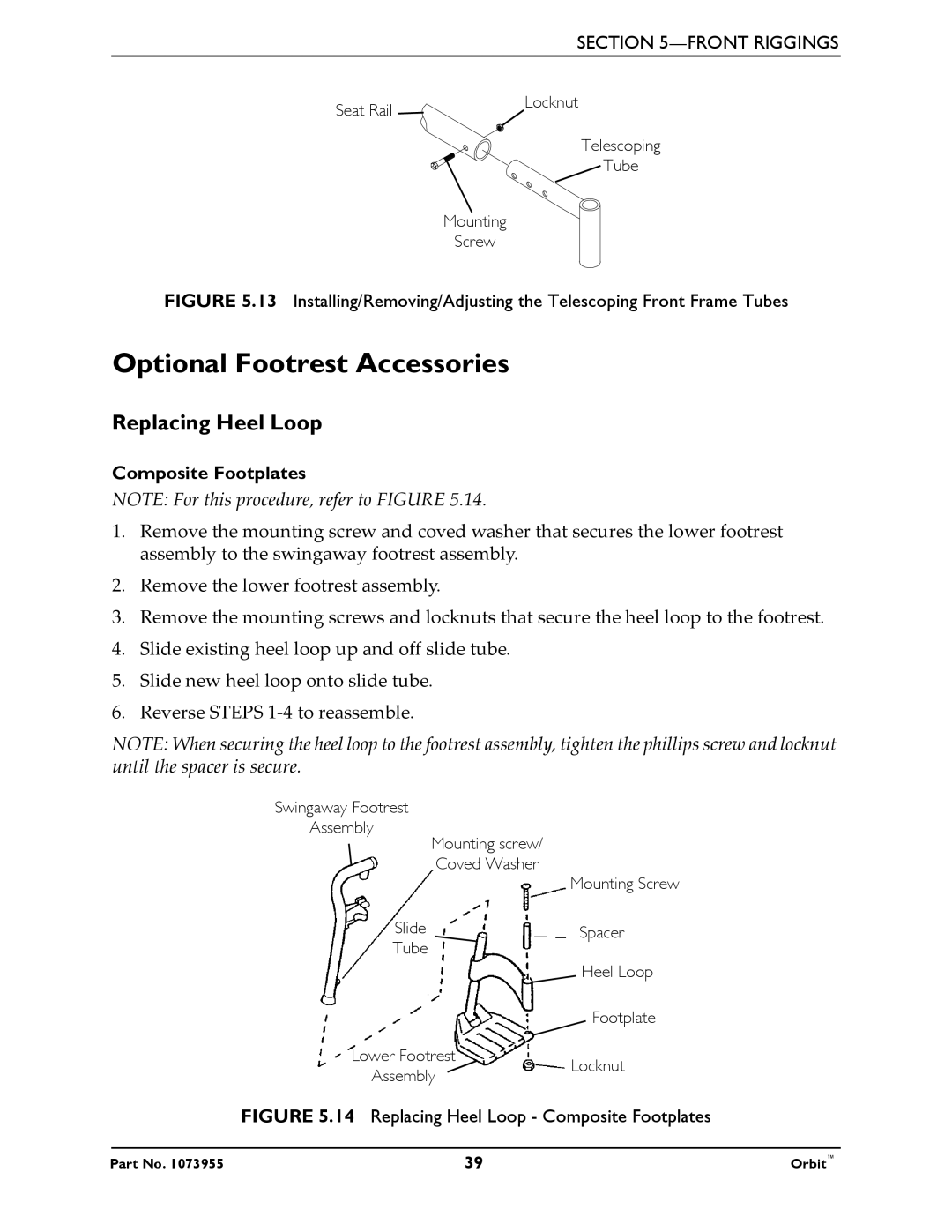 Invacare 1073955 manual Optional Footrest Accessories, Replacing Heel Loop, Composite Footplates 