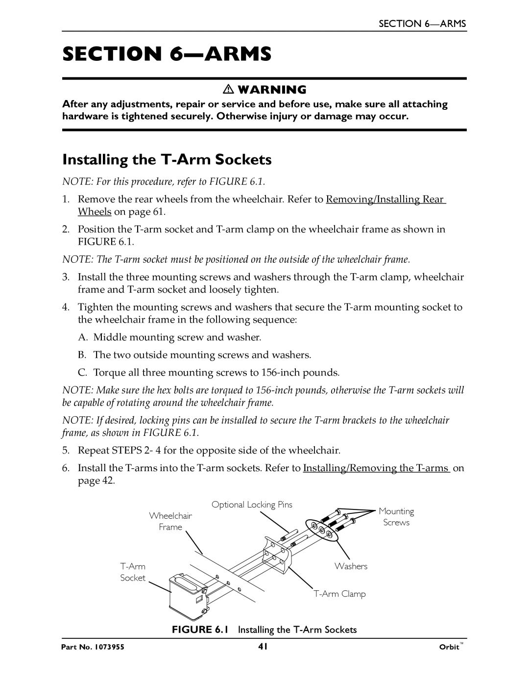 Invacare 1073955 manual Arms, Installing the T-Arm Sockets 