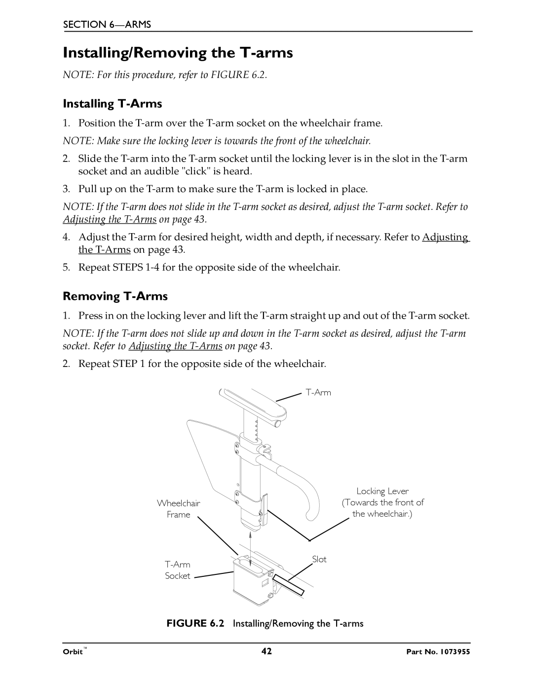 Invacare 1073955 manual Installing/Removing the T-arms, Installing T-Arms, Removing T-Arms 