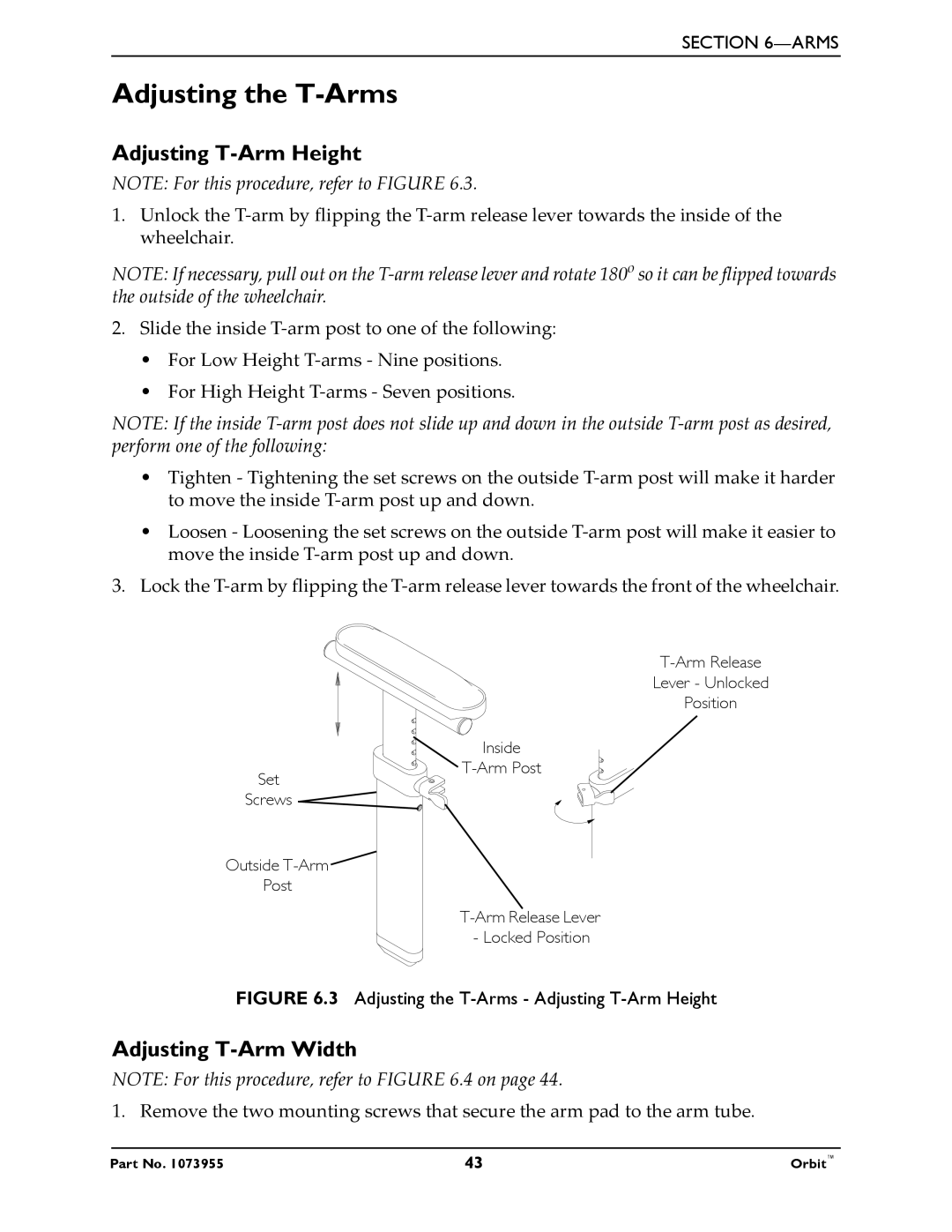 Invacare 1073955 manual Adjusting the T-Arms, Adjusting T-Arm Height, Adjusting T-Arm Width 