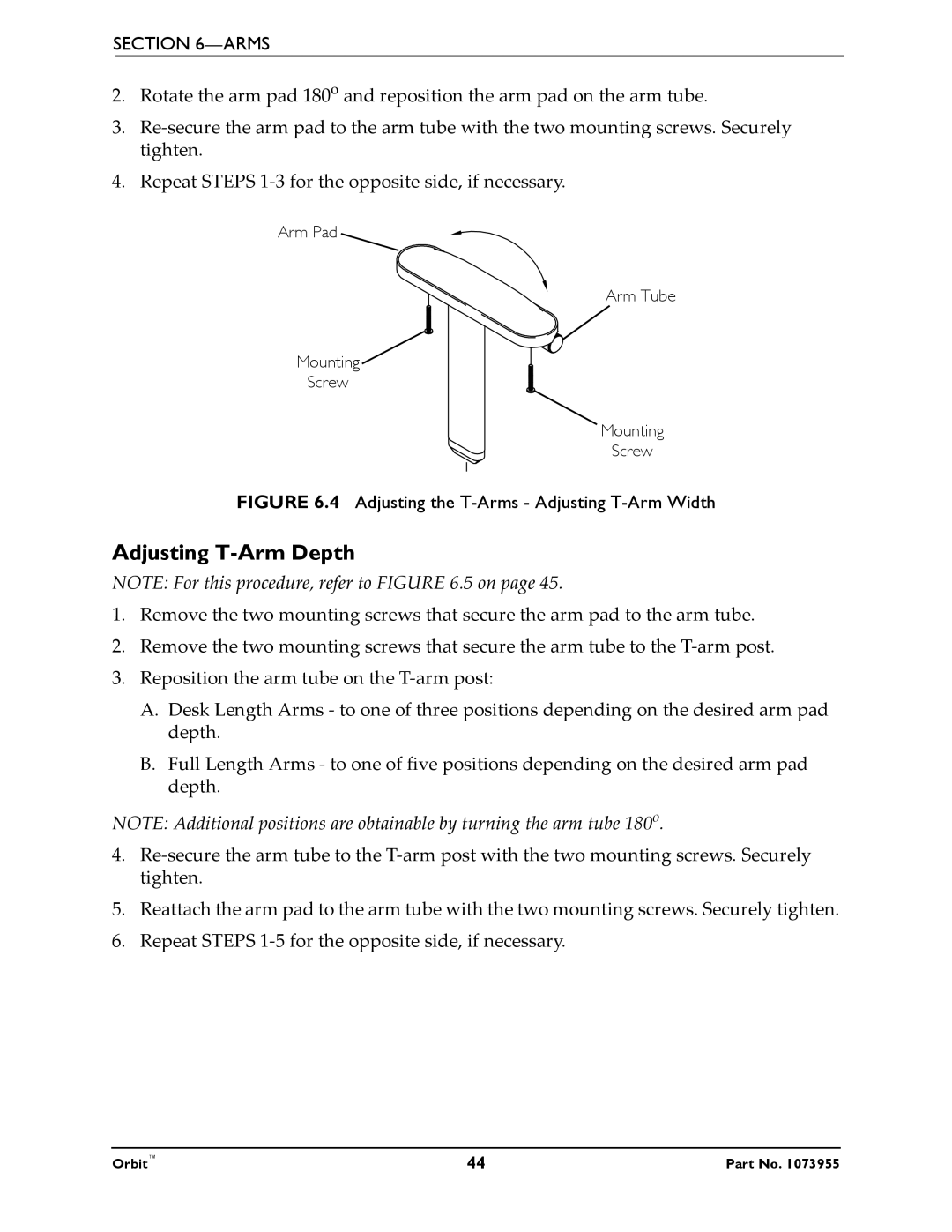 Invacare 1073955 manual Adjusting T-Arm Depth, Adjusting the T-Arms- Adjusting T-Arm Width 